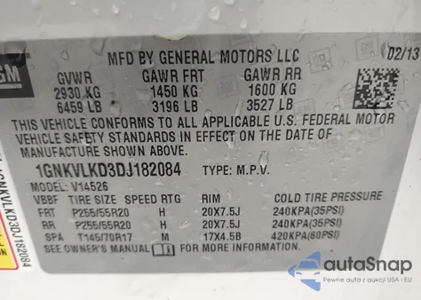 2013 Chevrolet Traverse Ltz z USA, uszkodzony, nr VIN 1GNKVLKD3DJ182084